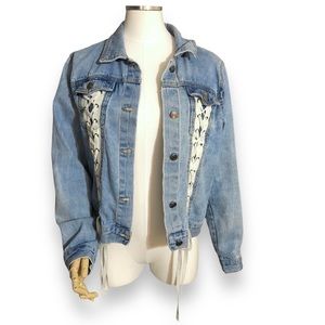 LOVE TREE DENIM Lace-Up Corset Detail Cropped Jean Jacket